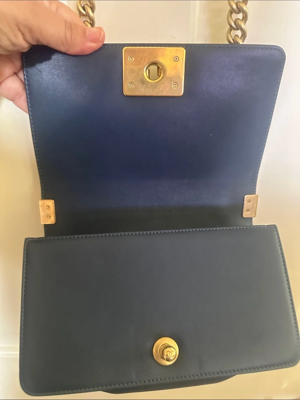 CHANEL small blue & Cream Chevron and Leather Boy Crossbody